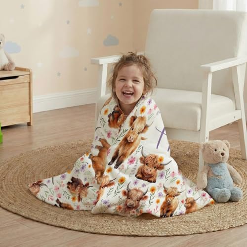 Image of Custom Highland Cow Blankets, Cute Highland Cow Gifts for Girls,Soft Flannel Throw Blanket with Name Floral Stuff Decoration,30 inchx40 inch