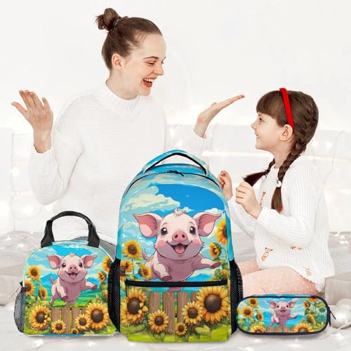 Backpack Set, 3 in 1 Pig School Backpacks Matching Combo with Lunch Box, Cute Pink Girls Bookbag and Pencil Pouch2