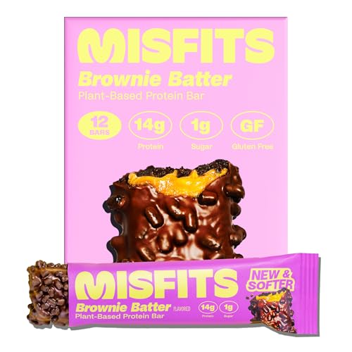 Misfits Vegan Protein Bars - Fudgey Brownie Batter| Nutrition Bars - 14g Protein 1g Sugar Plant-based Low Carb Non-GMO Gluten Free Snacks | Pack of 12