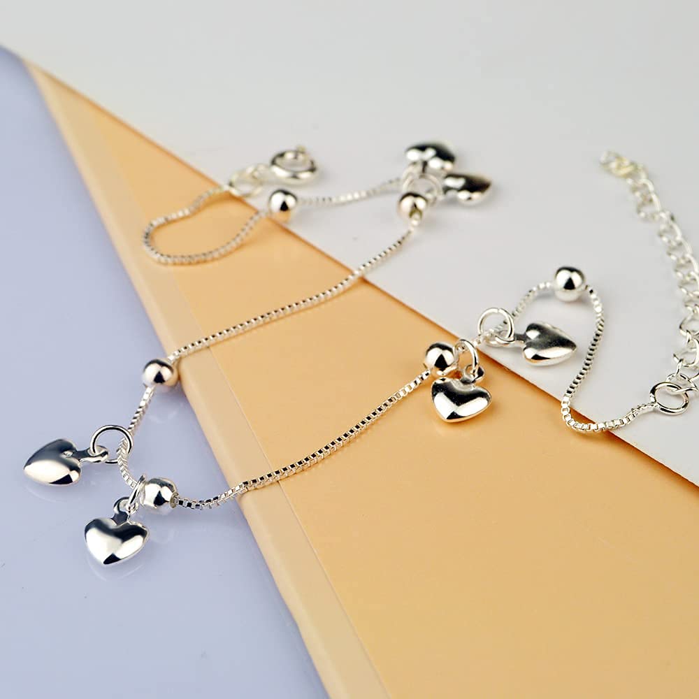 Fußkettchen Fuß, Neues 925 Sterling Silber Damen Fußkettchen Einfacher herzförmiger Anhänger Knöchelarmband Silberkette Sommer Beliebte Strandschmuck Geschenke