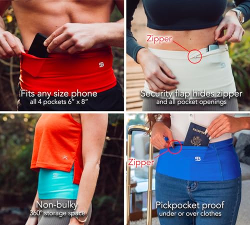 StashBandz Unisex Travel Money Belt, Running Belt, Fanny and Waist Pack, 4 Large Security Pockets and Zipper, Fits All Size Phones Passport and More, Small