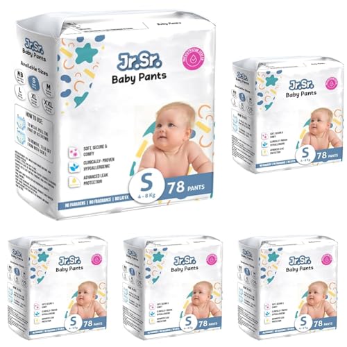 Image of Jr. Sr. Baby Diaper Pants | Small (S) Size (4-8 kg), 78 Count | Pack of 5 | Upto 12 hr Absorption with Advanced Leak Protection | Safe For Babies Skin | Soft, Secure & Comfy