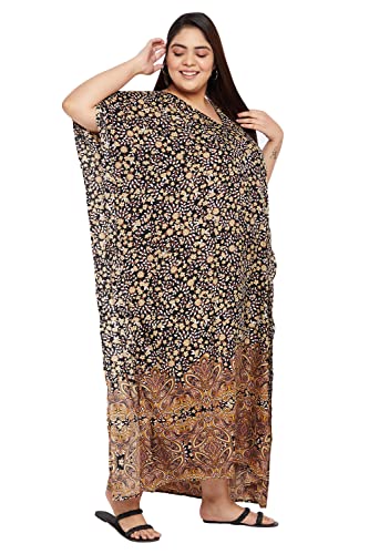 Image of Women Long Maxi Plus Size Polyester Kaftan Gown, Womens Kaftan Dresses | Lounge Resort Wear, Batwing Sleeve Side Slit, Beach Cover Up, House Dress, Lightweight V Neck Loose Fit Boho Dress
