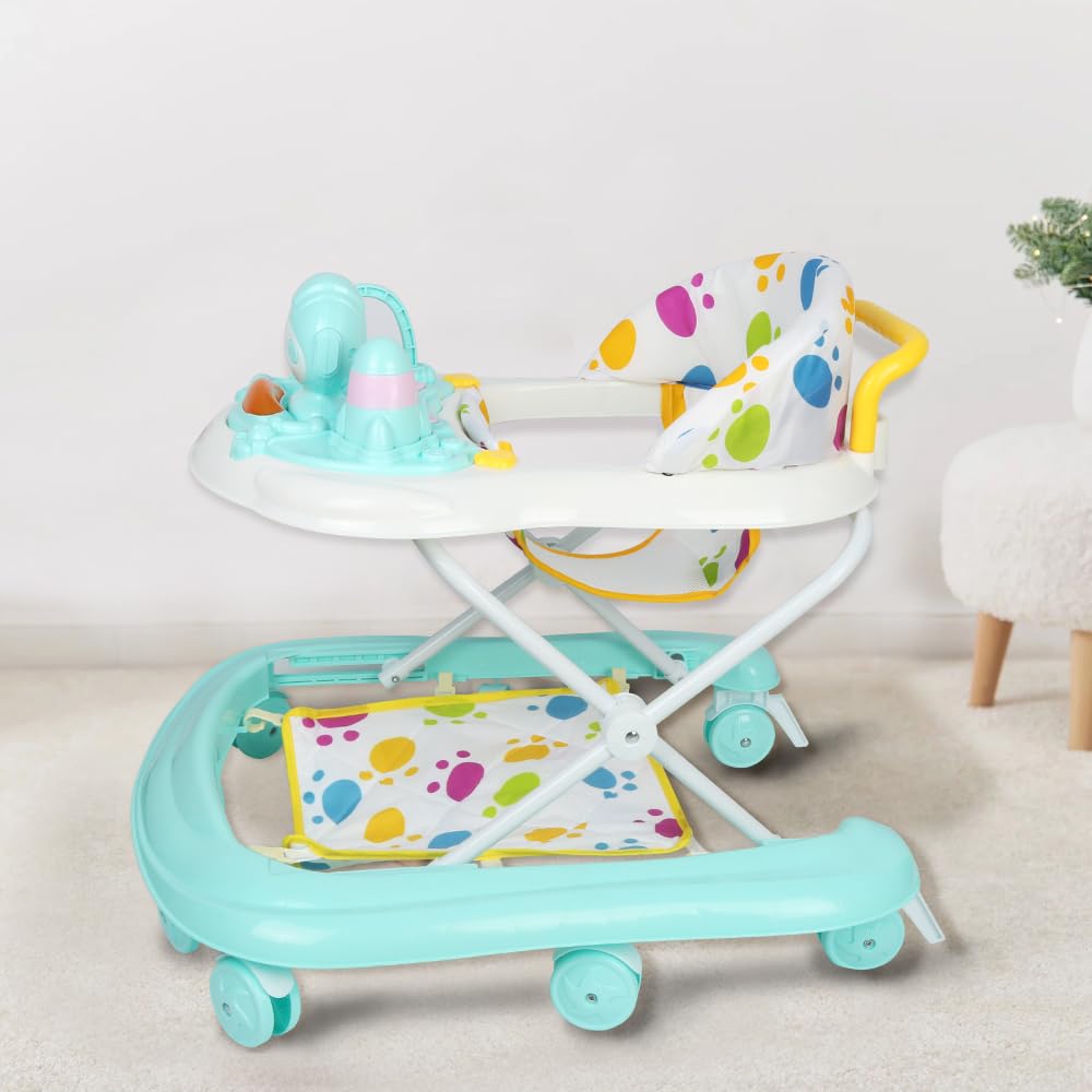 Andador Bebe Caminar Plegable, Andador de Bebé Multifunción con Ruedas Silenciosas Centro Actividades Bandeja Extraíble Antibalanceo 6-18 Meses (62 x 68 x 36-81 cm - Verde)