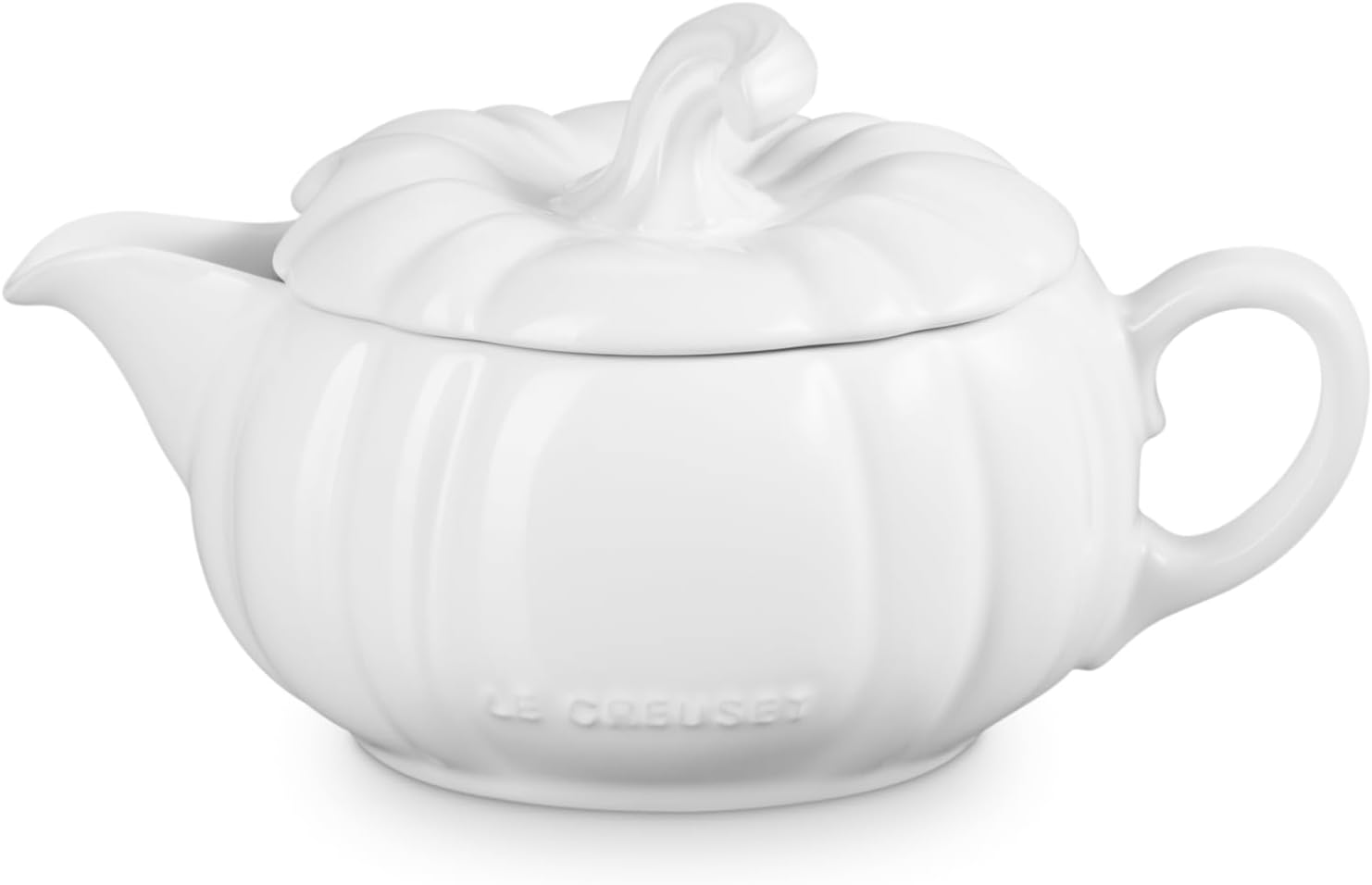 Le Creuset Stoneware Pumpkin Gravy Boat with Lid, 14 oz., White