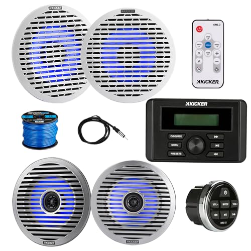 Kicker 46KMC3 Marine Gauge Style USB Bluetooth AM/FM Receiver w/Remote, 4X 6.5 130W Thin-Mount Multicolor LED Boat Audio Speakers with 4X White Grilles, 4X Silver Grilles, Wire, Antenna, LED Remote