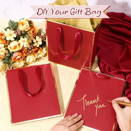 Image of Yeaqee 24 Pack Metallic Paper Gift Bags, Burgundy Red, Gold | with Satin Ribbon Handle and Tissue, 9x7x3.1 Inch, Suit Business, Birthday, Christmas, Thank You Return Gifts Bags