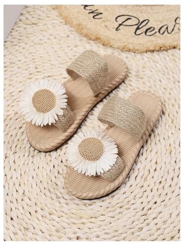 OYOANGLE Girl's Floral Double Strap Linen Slide Sandals Open Toe Beach Vacation Straw Sandal2