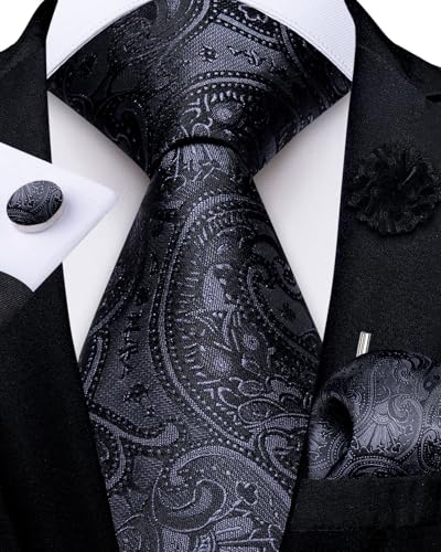 Image of DiBanGu Mens Zipper Tie Silk Pre-Tied Necktie with Gift Box | Jacquard Woven,Paisley Solid Plaid Pattern,6PCS with Pocket Square,Cufflinks and Lapel Pin,for Wedding Party Formal Business