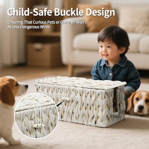 Cable Management Box,Boho Decorative Handwoven 2 Open Slots Cord Organizer Hider Box with Lid for TV Wires, Computer, Router, USB Hub and Under Desk Power Strip - Image 6