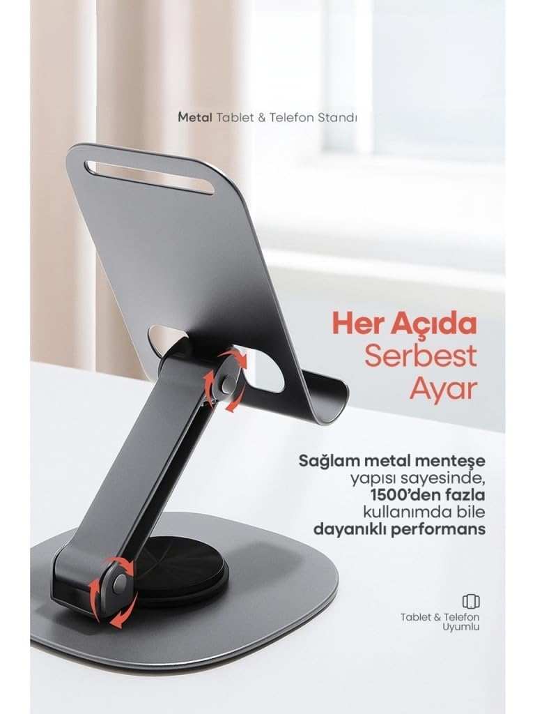 PDAteknoloji Metal 360 Dönebilen Ayarlanabilir Telefon Masa Üstü Standı Standart M-360 Üst Kısım Aşağı Yukarı ve Alt Kısım Sağa Sola 360 Derece Dönerli (Uzay Grisi)