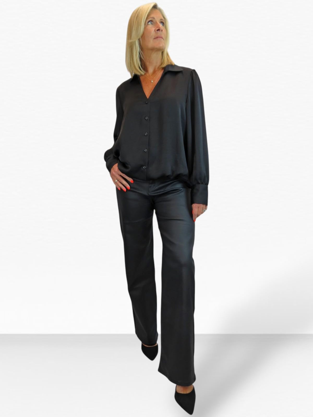 Paulo Due Chemisier Satin Femme Manches Longues Boutonné Col V Élégant Haut Fluide Léger Bureau Chic