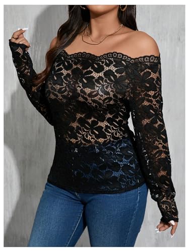 MakeMeChic Women's Plus Size Off The Shoulder Long Sleeve Top Floral Lace Sheer Slim Fitted T Shirt4