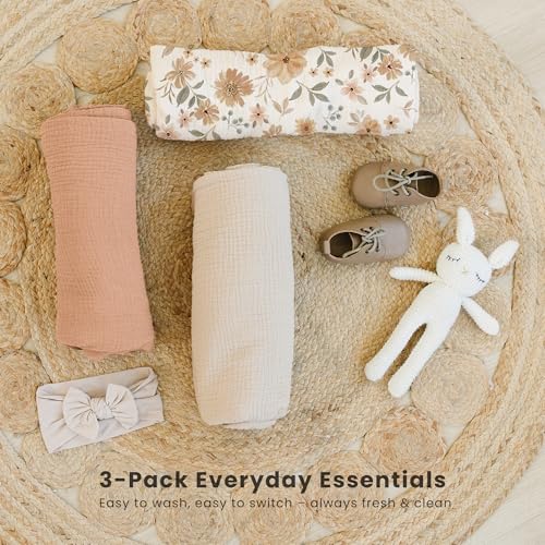 Image of Konssy 3 Pack Muslin Swaddle Blankets for Unisex, Newborn Receiving Blanket, Large 47 x 47 inches, Soft Breathable Muslin Baby Swaddles for Boys & Girls