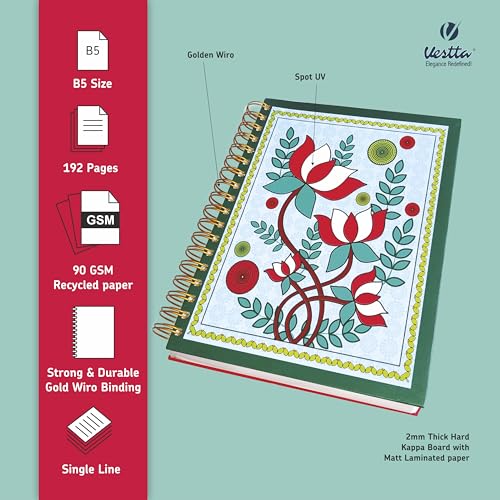 Image of VESTTA -ELEGANCE REDEFINED, B5, Hard Bound Notebook Diary, 7(L) X 9.75 (H) Inches, Gold Wiro Binding, Undated, 90 GSM paper, 192 Ruled Pages (Madhubani Folk Art Series 6)