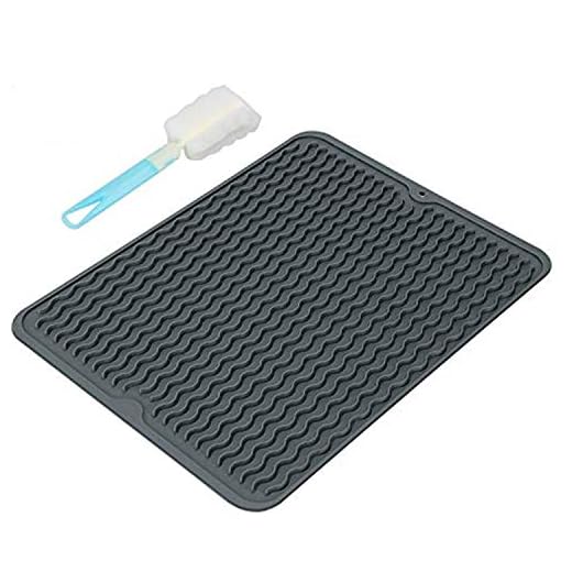 Silicon Dish Drying Mats with Grips Botter Brush, Fastest Drying Dish Mat, 16'' X 12'' Non Slip Dish Mats, Heat Resistant Countertop Protection Trivet - BPA Free (L, Gray)