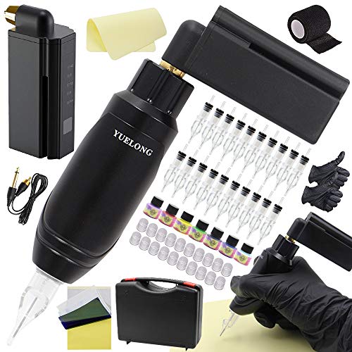 Tattoo Machine Pen Kit - Yuelong Rotary Tattoo Machine Gun with Wireless Tattoo Power Supply 20pcs Tattoo Needles Cartridge Black Tattoo Grip Tape Wrap Tattoo Gloves Tattoo Ink Caps for Tattoo Kits
