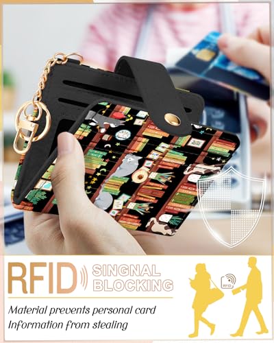 Image of Bistup Small Card Wallet for Women with Keychain, Cat & Bookshelf | Clear ID Window, Compact Design for Daily Carry, Durable Material, Sturdy Keychain, Aesthetic