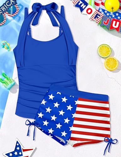 Image of Girls Swimsuit 2 Piece Halterneck Girls Tankini Swimsuit Drawstring Printed Swim Shorts Girl Bathing Suit for 7-18T