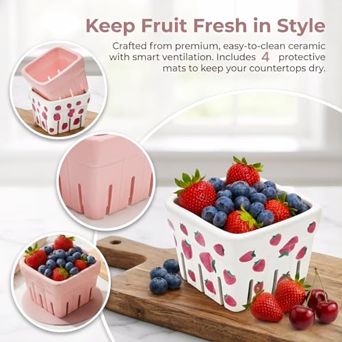 Image of Pumtus 4 Pack Ceramic Berry Baskets, 4.7 inch Square Fruit Bowl with Holes & Pads, Pink White Fridge Berry Container, Decorative Strawberry Grape Cherry Colander, Fruit Crate Holder for Gift Kitchen