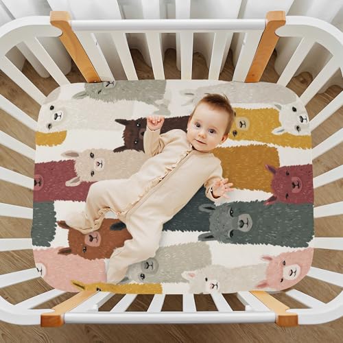 Image of Llama Face Crib Sheets Soft Breathable Fitted Baby Crib Sheets Mattress Cover for Girls Boys, 52 inch x 28 inch x 9 inch