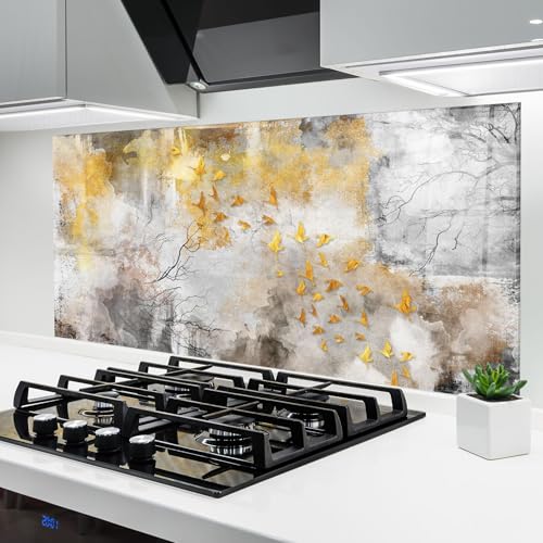 ARTHUB® Crédence de Cuisine en Verre 60x120 cm, Gold Birds Flying | Protection Contre Les éclaboussures, Revêtement Mural en Carreaux, Plaque en Verre,...