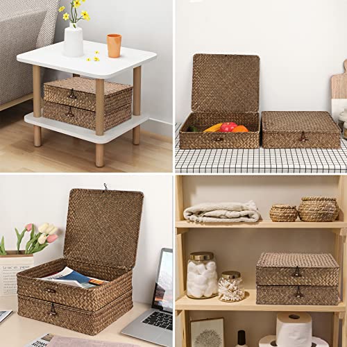 Image of Hipiwe 2 Packs FLat Woven Wicker Basket Bin with Lid, Large Seagrass Baskes