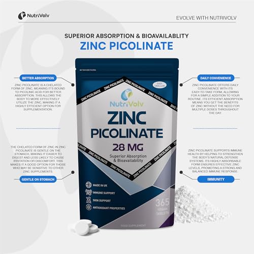 Zinc Picolinate 28mg | 365 Tablets | 1 Year Supply | One A Day | Max Absorption & Bioavailability | Immune Function, Fertility & Healthy Bones, Vision, Hair, Nails, Skin | Vegan UK Made | by NutriVolv