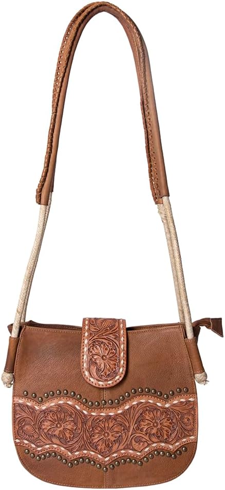 American Darling Messenger Bag, Hand-Tooled Floral Western Leather Purse, Buck Stitched, 9.5in (H) X 12in (W) X 3.5in (D)