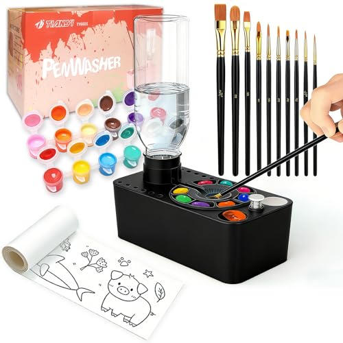 Paint Brush Cleaner Tool Painting Running Water Circulation Art Supplies with Brushes Colors Paint Watercolor Paper Paint Station Creative Gift for Kids Girls Adult Artist Beginners Black