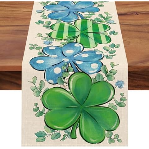Seliem St Patricks Day Shamrock Table Runner, Blue Lucky Clover Eucalyptus Leaves Kitchen Dining Table Decor, Irish Spring Burlap Home Decoration Indoor Outdoor Party Supply 13 x 72 Inches Cover
