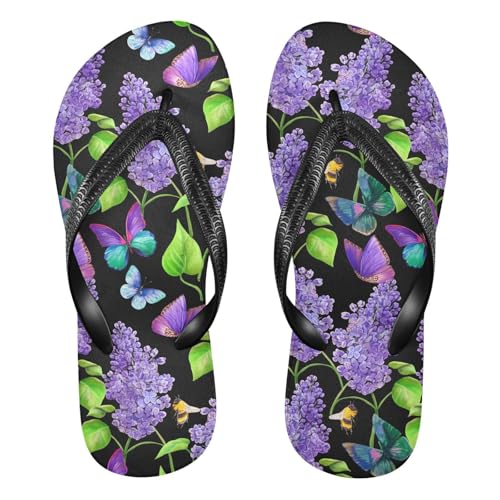 Butterfly Bee Purple Flip Flops for Beach Thong Sandals Anti-slip Lightweight Beach Shoes for Summer Outdoor Travel
