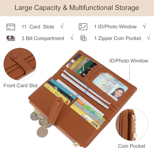Thin Wallet for Women,PU Leather Bifold Credit Card Wallet,Compact Wallet with Large Clutch with Coin Purse,Smooth Zipper(Brown, Long)4