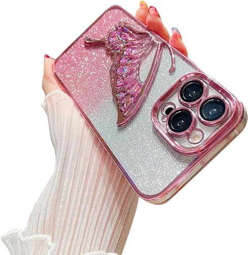 Image of mobistyle Thermoplastic Polyurethane Designed For iPhone 13 Pro Cover With Glitter Cute Butterfly Electroplate Plating Design Back Cover Case For Women Teen Girls (Pink)