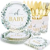 Gudvilla 168 PCS Sage Green Baby Shower Decorations, Baby Shower Plates and Cups and Napkins Sets Serves 24, Oh Baby Plates for Eucalyptus Boho Neutral Boy Baby Shower Decorations