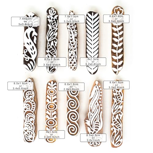 Image of Hashcart Wooden Indian Traditional Design Printing Stamps / Blocks for Printing Saree Border / Dresses / Craft Card Making / Scrapbook / Clay Pottery (Set of 10)