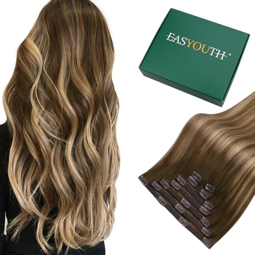 Easyouth Clip in Extensions Real Human Hair Ombre Brown Clips in Human Hair Extension Balayage Brown to Blonde Clip on Real Hair Extensions Natural Looking 20Inch 120g 7Pcs #4/27/4