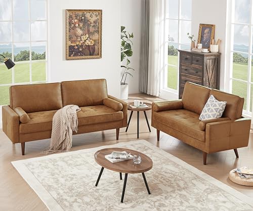 HIFIT Sectional Couches Set for Living Room, 68'' Mid Century Modern Faux Leather Sofa Couch w/Tufted Deep Love Seat & 2 Pillow, Home Sofa Living Room Small Couch for Bedroom, Office, Apartment, Brown - Thumbnail 2
