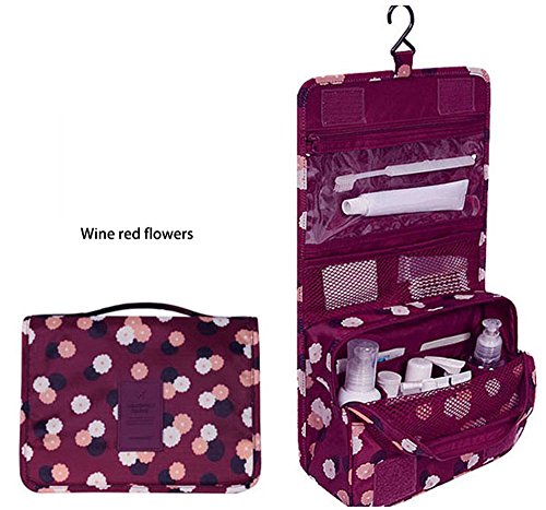King&Pig Toiletry Bag Multifunction Cosmetic Bag Portable Makeup Pouch Waterproof Travel Hanging Organizer Bag Travel Storage Bag (wine red flower)