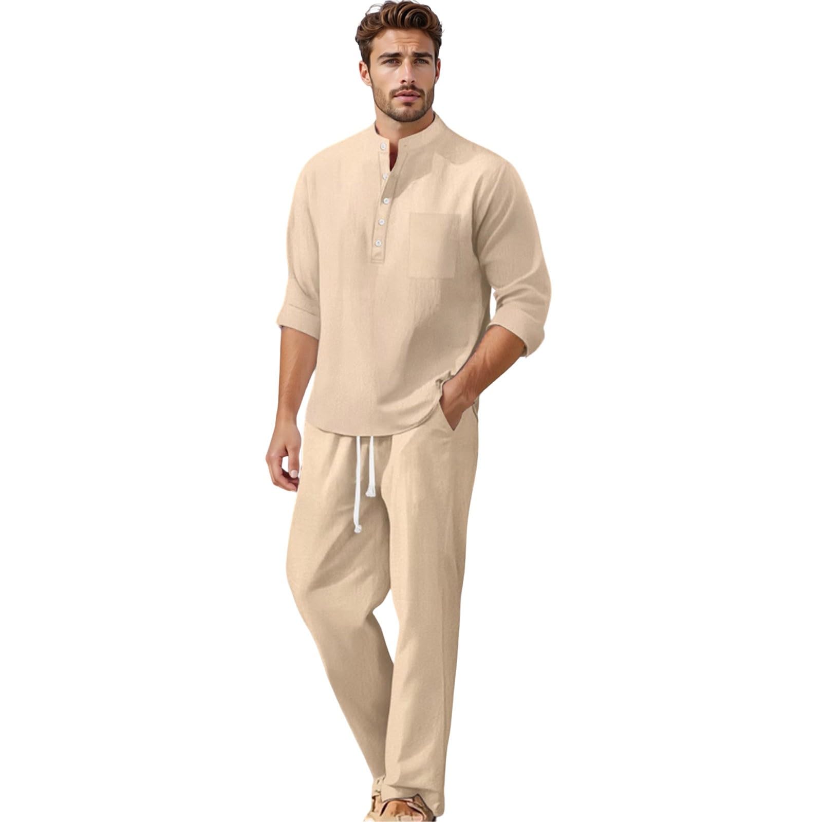 Generisch Pantaloni da uomo in lino per primavera e estate, vestibilità larga, traspiranti, con elastico in vita, per abbigliamento casual quotidiano e da ufficio