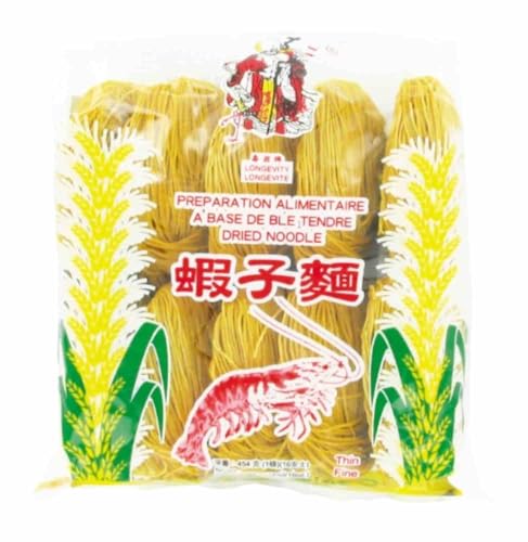 LONGEVITY Fideos chinos finos a base de huevo sabor camarón 454G (juego de 6 bolsas)