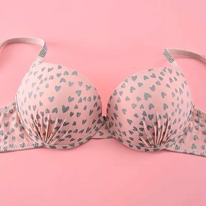 Image of Fashiol Women's Padded Wired Lingerie Set with Adjustable Glitter Straps & Heart Print Bra and Panty Set