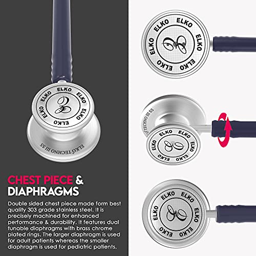 Image of ELKO EL-170 TECHNO III SS Stainless Steel Acoustic Stethoscope | Adult & Pediatric Stethoscope With Double Sided Chestpiece | Two-Way PVC Tubing | Doctors & Medical Students (Blue)