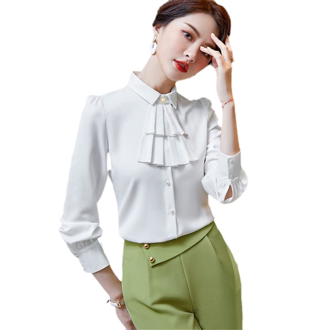 Wvapzxx Elegante camisa de lazo para mujer, cuello vuelto, blusa de manga larga, para oficina, suelta, talla grande