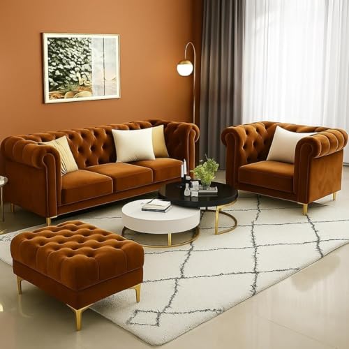 Image of Classic 3+1= 4 Seater with Footrest Seater Sofa Set Luxury Chesterfield Modern Fahionalable Sleeper Sofa for Living Room, Dining Room, (TERAQUATA)