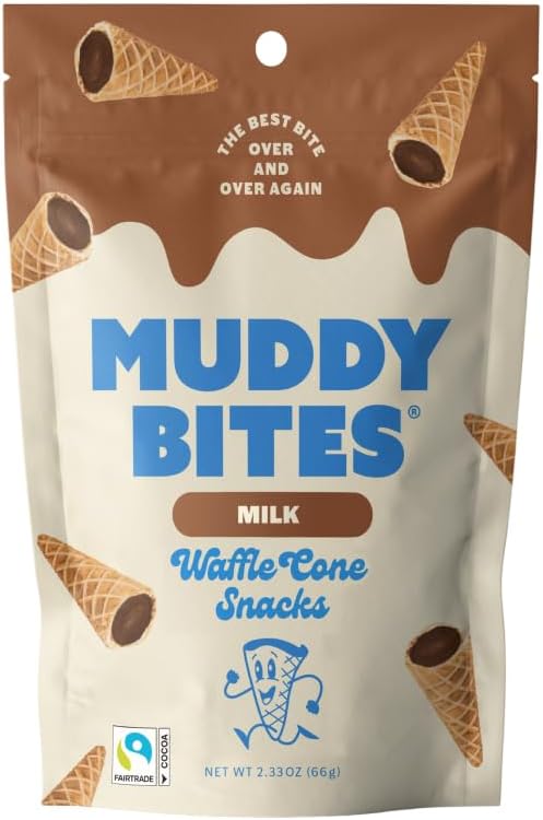Muddy Bites - Milk Chocolate - Waffle Cone Snack Bite Sized Filled Cone Bites for Snack or Dessert Made with Cane Sugar, Kosher, Fair Trade Certified