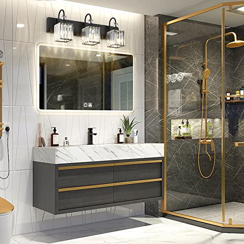 Image of Ralbay Modern Crystal Black Vanity Light 3 Light Bathroom Light Fixtures Over Mirror Matte Black Crystal Bathroom Wall Lighting