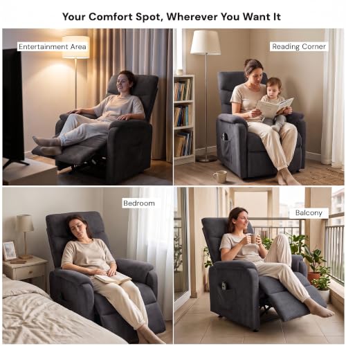 Image of DROGO Serenza Electric Motorised Recliner Sofa Chair 1 Seater for Home with Remote Control, Premium Mesh, Side Pocket, Padded Body, Cushion Armrest & Sturdy Footrest, 1Yr Warranty (Dark Grey)