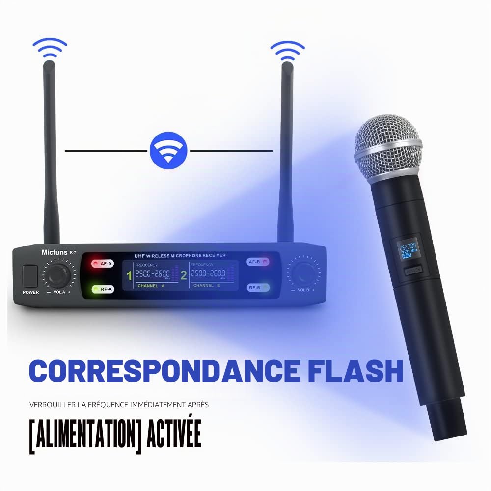 K7 Kit de microphone professionnel sans fil 2 portable VHF 230-250 MHz 100 m pour karaoké, fête, langue