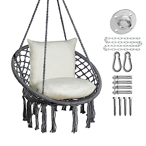 JoyView Silla Colgante de macramé, Silla Columpio de máximo 330 Libras, Silla Hamaca con 2 Cojines y Kits de Herramientas, Silla de Cuerda de algodón para Interiores y Exteriores, Dormitorio, Patio